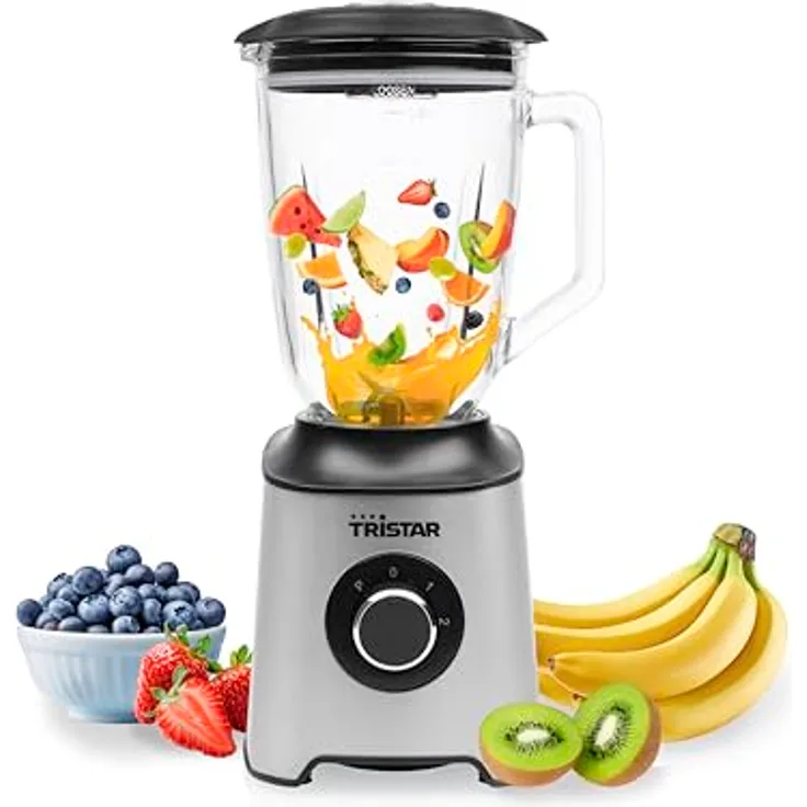 Tristar BL-4489 Standmixer, 1,5 L Glasbehälter, 1000 W Motor, Edelstahlgehäuse, 2 Geschwindigkeitsstufen, leicht zu reinigen