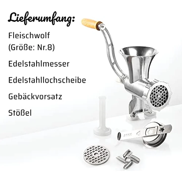 GSW Fleischwolf Nr. 8 mit Gebäckvorsatz, manuell, aus Aluminium und Edelstahl, Edelstahlmesser und - lochscheibe, edelstahl – Bild 6
