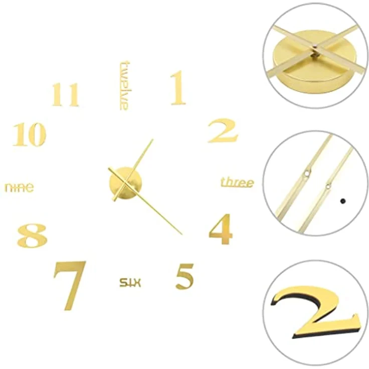 vidaXL 3D Wanduhr Modernes Design 100cm XXL Golden Deko Wand Uhr Wandtattoo – Bild 2