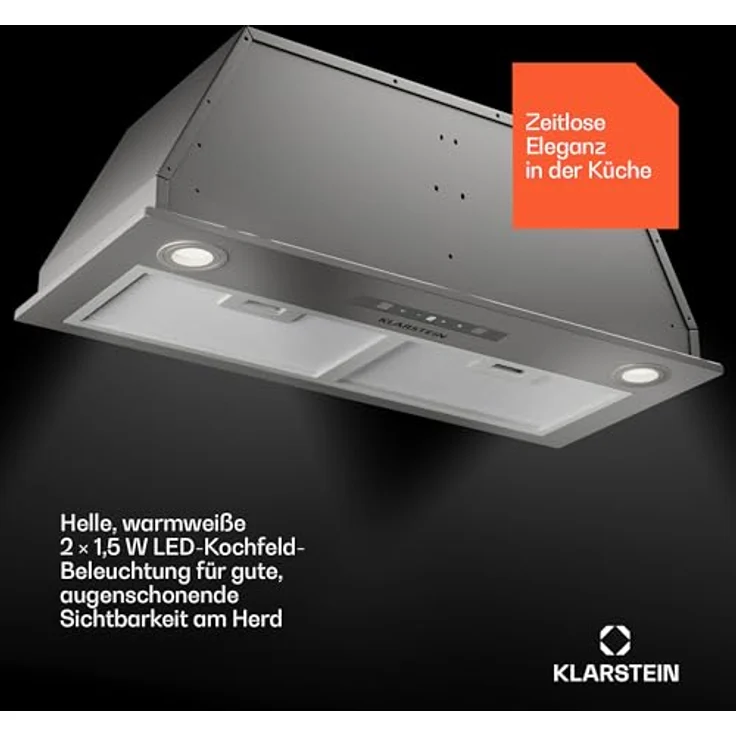 Klarstein Dunstabzugshaube 72cm, Abluft/Umluft-Dunstabzugshaube mit Filter, LED-Beleuchtung, Timer & Touch-Bedienfeld, Leise Einbau-Abzugshaube mit 439 m³/h Luftstrom, Edelstahl-Dunstabzug – Bild 4