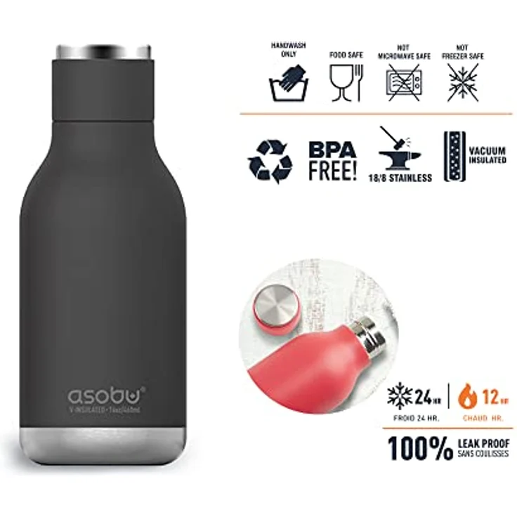 ASOBU Isolierte und doppelwandige Edelstahl-Flasche, 473 ml, Schwarz, Urban Water Bottle, Divers – Bild 2
