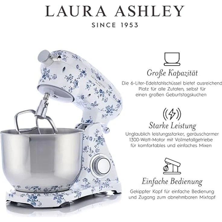 VQ Laura Ashley 6L Küchenmaschine, Druckguss mit China Rose Print, 1800W Motor, 10 Geschwindigkeitsstufen, 304 Edelstahl-Rührschüssel – Bild 5