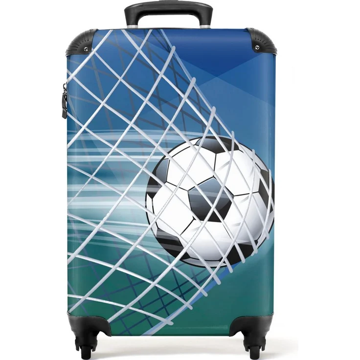 NoBoringSuitcases.com© Kinderkoffer Fußball - Tor - Netz - Schießen - Jungen 55x35x20cm, 4 Rollen, Handgepäck Koffer, Hartschalenkoffer Kinder, Reisekoffer Jungen - Fröhlich buntes Design - Leichtgewicht 2,6kg – Bild 1