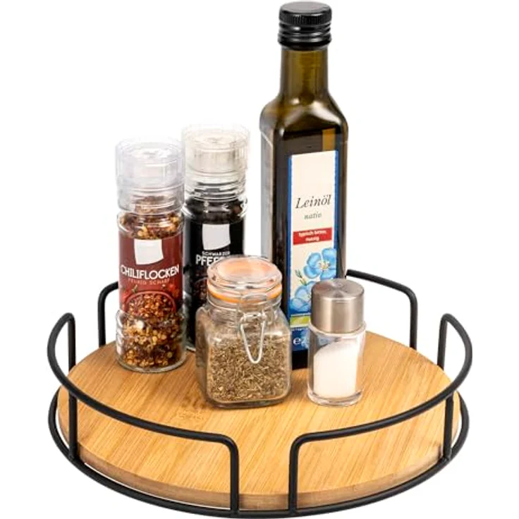 eluno Drehteller aus Metall mit Bambusboden Ø ca. 25 cm, drehbares Gewürzregal, Lazy Susan Schrankorganizer, Badorganizer (Schwarz) – Bild 1