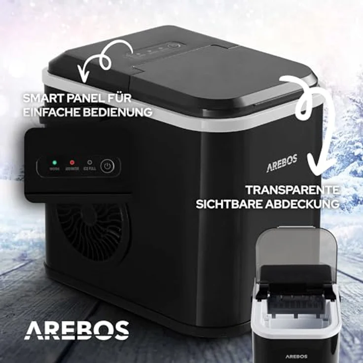 Arebos Eiswürfelmaschine | Ice Cube Maker | 12 kg / 24 h | 10-15 Minuten Produktionszeit | 1,1 Liter Wassertank | Eiswürfelbereiter | Leise | Selbstreinigungsfunktion | Schwarz – Bild 4