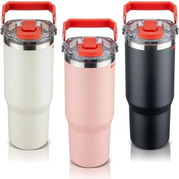 ROTPUNKT Thermobecher Edelstahl 500 ml, auslaufsicherer Isolierbecher mit Strohhalm & Click & Go Öffnung, BPA-frei, klappbarer Tragegriff, coral – Bild 1