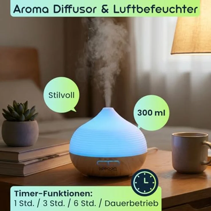 ideoon Aroma Diffusor & Luftbefeuchter 300ml, RGB Farblicht mit Timer für stimmungsvolle Atmosphäre – Bild 3