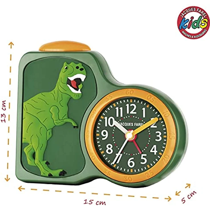 Jacques Farel Kinderwecker ACB 06, Quarzwecker mit Dinosaurier-Motiv, orange/grün, lernfreundlich und batteriebetrieben – Bild 2