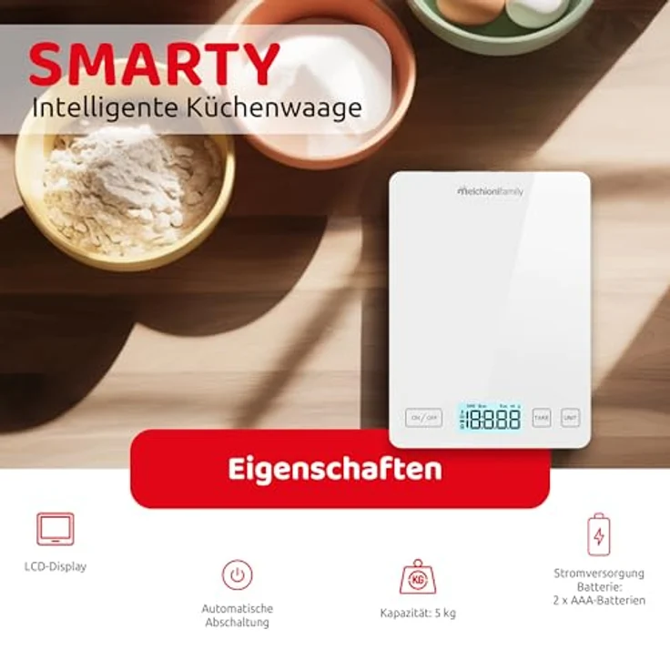 Melchioni Family | Smart Küchenwaage mit App, ultradünn aus gehärtetem Glas, kabellose Lebensmittelwaage, bis zu 5 kg, Weiß – Bild 3