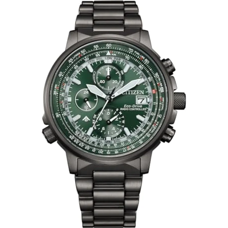 Citizen AT8304-57W Promaster Sky, Herren Funk Solar Chronograph, Edelstahlgehäuse gunmetalfarben, 42mm, grünes Zifferblatt – Bild 1