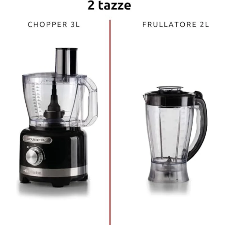 Ariete 1782 Gourmet Pro Moderna, Küchenmaschine mit 3L Zerkleinerer und 2L Mixer, 2 Geschwindigkeitsstufen + Pulse, Messerset und Edelstahlscheibe, Zubehör für Zitruspresse, schwarz – Bild 2