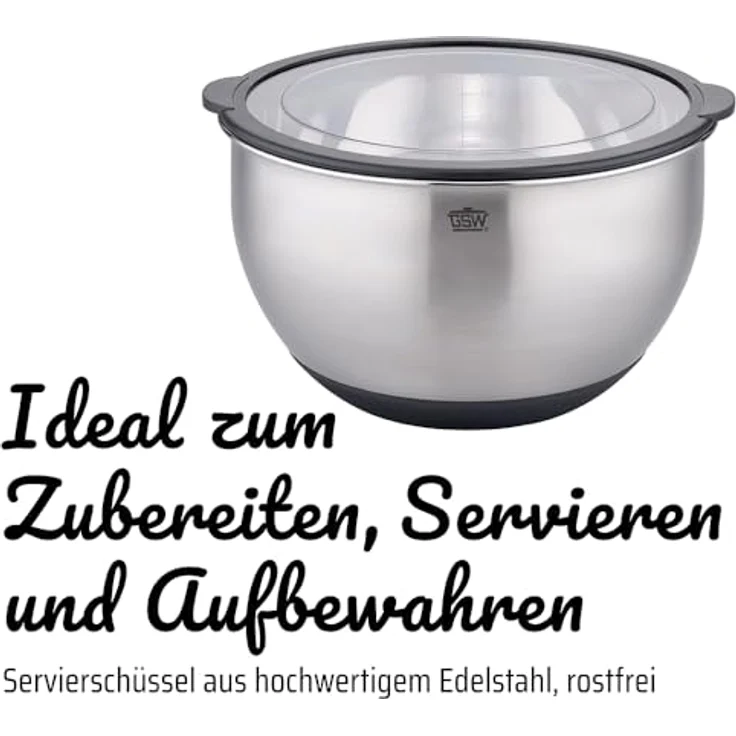 GSW Servierschüssel Primo 24 cm, Edelstahl Rühr- & Salatschüssel mit luftdichtem Deckel, 4.8 L, Silber – Bild 3