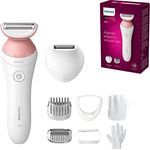 PHILIPS Lady Shaver Series 6000, Kabelloser Rasierer mit 6 Zubehörteilen Körperpeeling-Handschuh, Trimmer für die Bikinizone (Modell BRL146/00), Weiß/Rosa