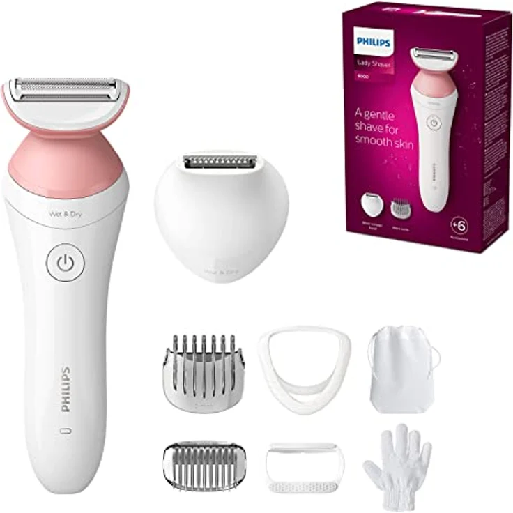 PHILIPS Lady Shaver Series 6000, Kabelloser Rasierer mit 6 Zubehörteilen Körperpeeling-Handschuh, Trimmer für die Bikinizone (Modell BRL146/00), Weiß/Rosa – Bild 1