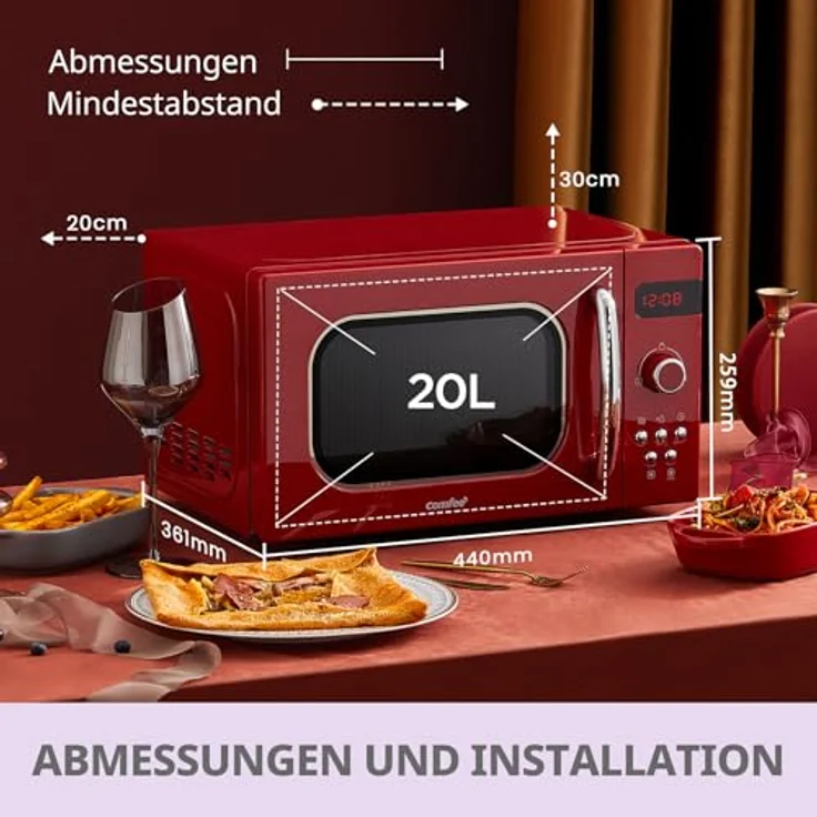 Comfee CMSRO 20 di rd Mikrowelle im Retro-Stil, Standgerät, 800 Watt, 20 Liter Garraum, rot – Bild 3