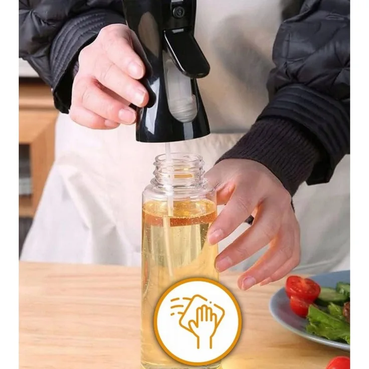 R2 Invest Ölspender Öl Sprüher 200 ml schwarze Glasflasche für Olivenöl und Essig, rutschhemmender Sprühkopf, abschraubbarer Deckel