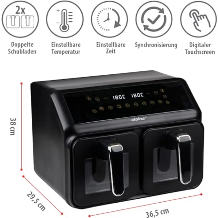 alpina Doppel-Heißluftfritteuse 871125227219, 2 Kammern 8L mit Digitaldisplay, 8 Kochprogrammen und Sichtfenstern, Schwarz – Bild 2