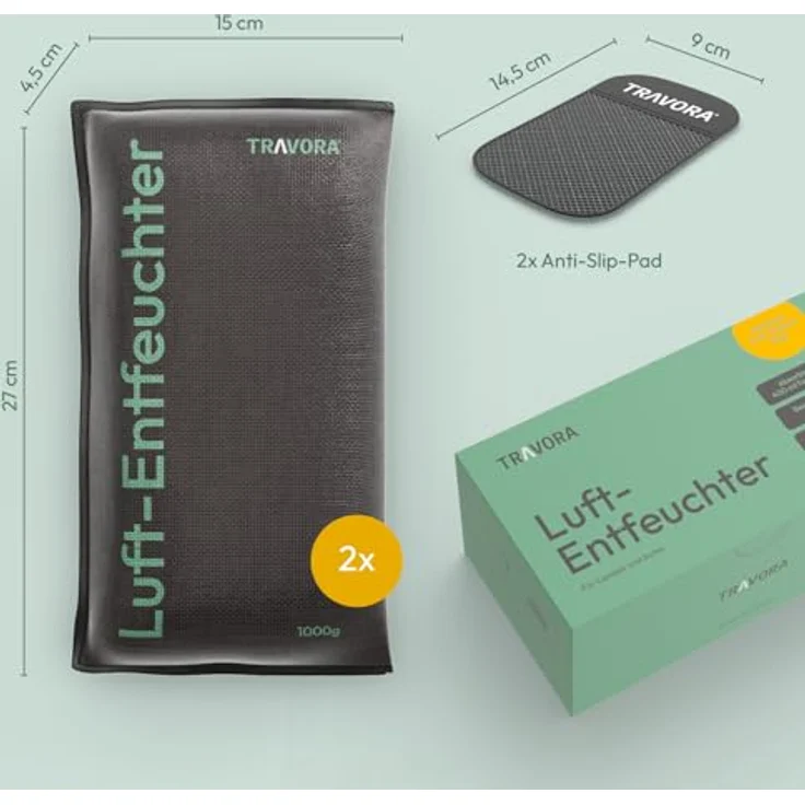 TRAVORA Luftentfeuchter Kissen 2x 1 kg mit Anti-Rutsch Pad - wiederverwendbar - Auto Innenraum - extra groß, Schwarz – Bild 4