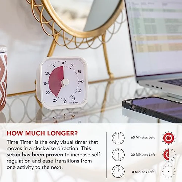 Time Timer Home MOD - 60 Minuten Visueller Timer Home Edition – Homeschooling, Timer für Schultisch, Bürotisch und Meetings mit lautlosem Betrieb (Lakenweiss) – Bild 4