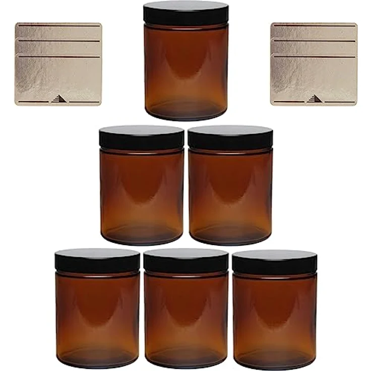 Viva Haushaltswaren 6 braune Glastiegel 180ml - Salbentiegel-Cremetiegel Gewürzgläser aus Braunglas inkl. Beschriftungsetiketten Glasdose, Glas, 6.6 x 6.6 x 8.1 cm, 6-Einheiten – Bild 3