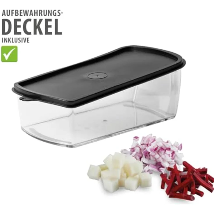 GEFU Würfel- und Stifteschneider mit Behälter, 3 Einsätze für Würfel, Stifte & Scheiben, Edelstahlklingen, 1000 ml, spülmaschinenfest, Antirutsch – Bild 4