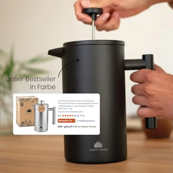 GRØNENBERG French Press Kanne, Edelstahl Kaffeebereiter mit Thermo Effekt, 0,6 oder 1 Liter, inkl. 3 Ersatz-Filter – Bild 2