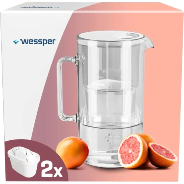 Wessper Wasserkaraffe, Wasser Filterkanne Inklusive 2 X Kannenfilter, Kompatibel Mit Brita Maxtra, Brita Maxtra +, Großes Fassungsvermögen 2,5l, Weiß, Set Kanne + 2 Patronen – Bild 1