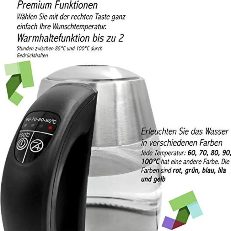 Wasserkocher LED Glas mit Temperatureinstellung Premium, Edelstahl, 2200W -Mit Farbspiel und Warmhaltefunktion, 1.8L Volumen -Mit Sichtfenster, Automatische Abschaltung, 60,70,80,90,100°C – Bild 2