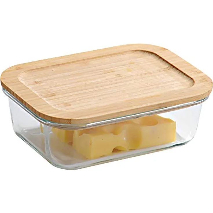 Kesper Aufbewahrungsglas mit Bambusdeckel, 20 x 14,5 x H7 cm, Frischhaltedose aus Glas, mit luftdichtem Verschluss, FSC