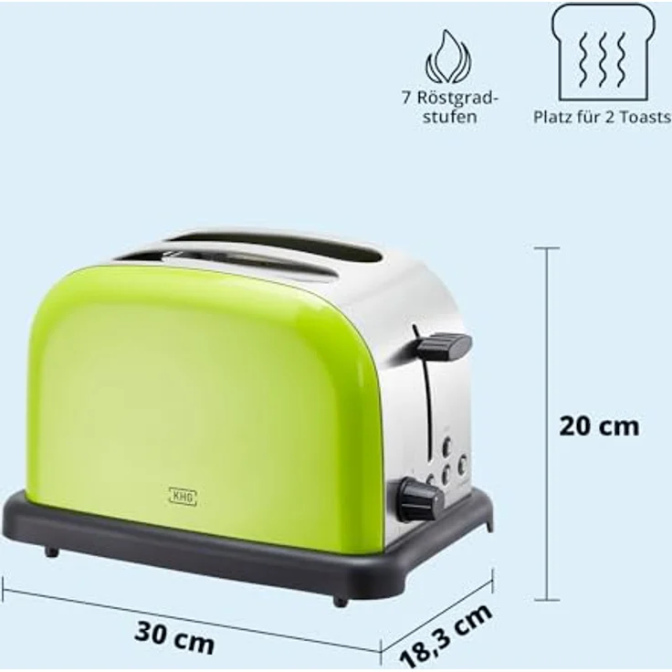 KHG Edelstahl Toaster TO-1005, 2 Scheiben mit Brötchenaufsatz, 6 Bräunungsstufen, 1000W, Limettengrün, Retro American Diner Style – Bild 2