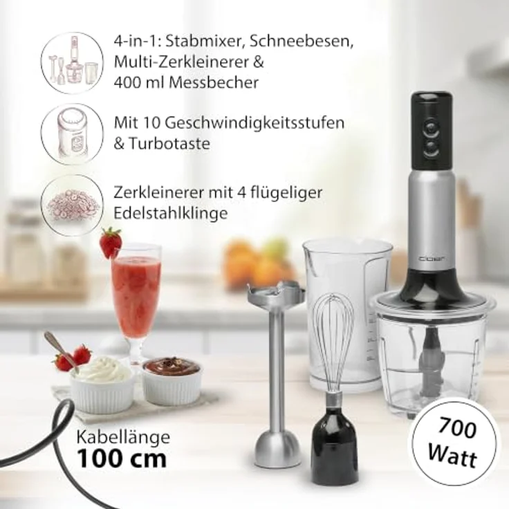 Cloer SB3010 Stabmixer 4-in-1 mit Pürierstab, Zerkleinerer & Schneebesen, 10 Geschwindigkeitsstufen, 700 Watt, Edelstahlgehäuse, spülmaschinengeeignet – Bild 2