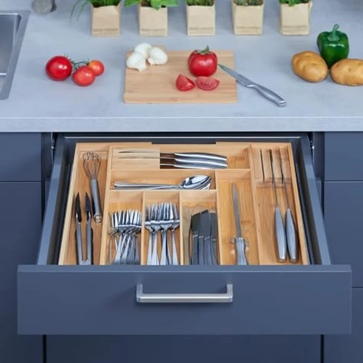 relaxdays Besteckkasten Ausziehbarer Besteckkasten aus Bambus, 8 Fächer, inkl. 2 Messerblöcke, natur – Bild 4