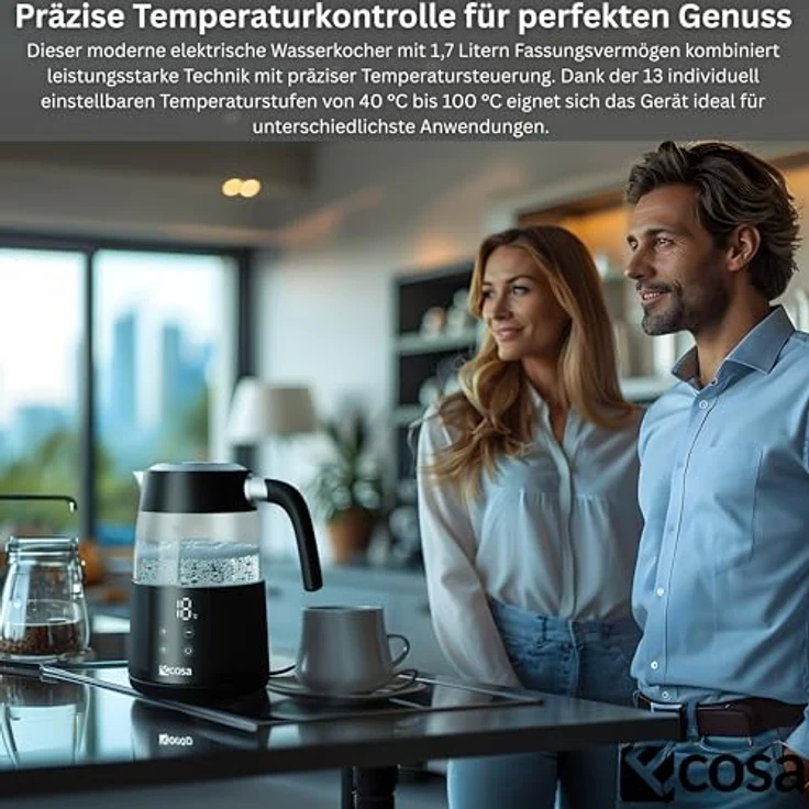 ecosa Wasserkocher EO-699, 1.7 l, 2200 W, digitales Farb-Touchdisplay, 13 Temperaturstufen, Warmhaltefunktion, Kalkfilter, Borosilikatglas – Bild 2