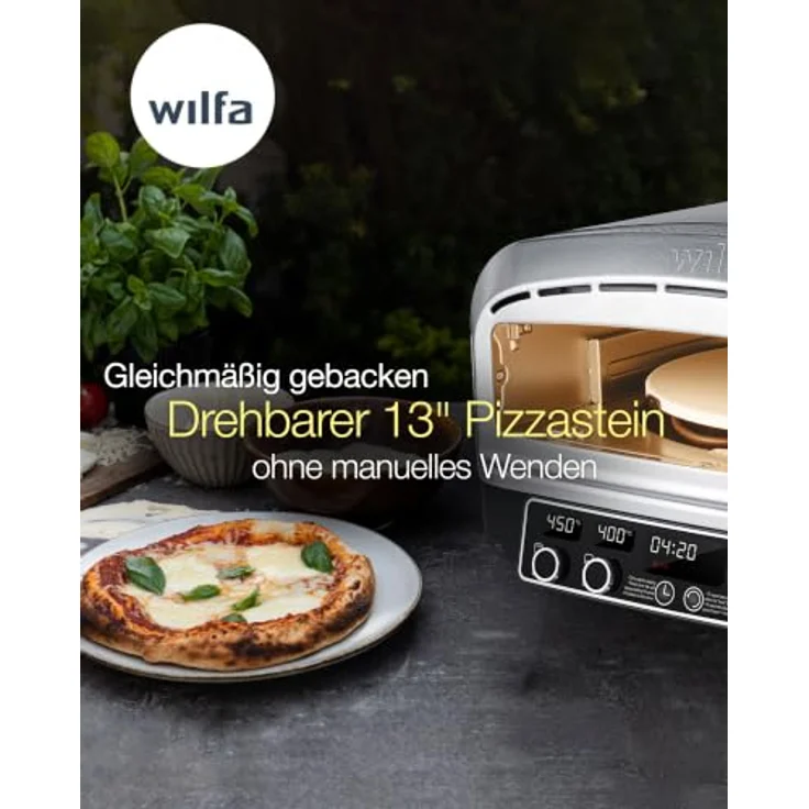 WILFA Crust PO2B-E2200, Elektrischer Pizzaofen mit 2200 W, max. 450 °C und 13-Zoll-Pizzastein, 20 Liter Kapazität mit 6 voreingestellten Programmen – Bild 3