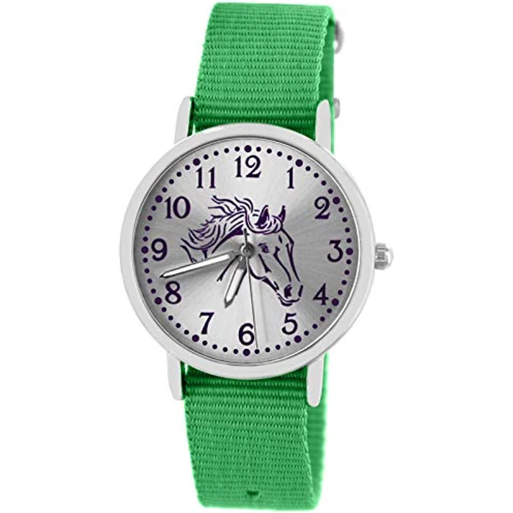 Pacific Time Mädchen Uhr 10303, Analog Quarz mit Pferdemotiv, grünes Textil Wechselarmband, 3,2 cm Gehäusedurchmesser, leuchtende Zeiger, verstellbar von 12,5 cm bis 19,5 cm – Bild 1