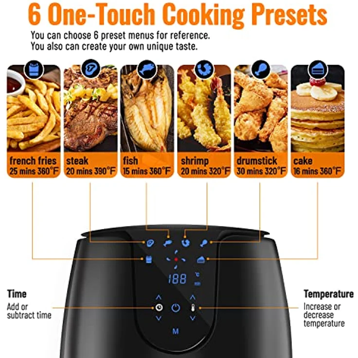 Heißluftfritteuse mit 6 Verschiedenen Kochprogrammen 1500W Fritteuse mit Rezeptbuch LED-Touchscreen Heissluftfritteuse ohne Öl, einfach zu reinigen – Bild 2