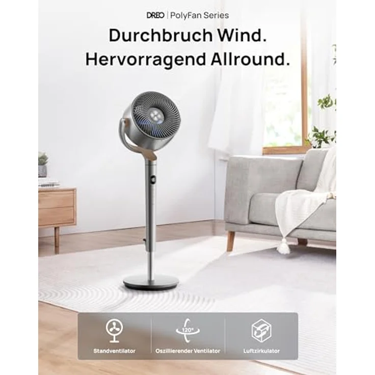 DREO PolyFan, Smart Standventilator mit 120°+120° Oszillation, Wi-Fi/Sprachsteuerung, 20dB leise, höhenverstellbar, 8 Geschwindigkeiten, 6 Modi, 12H Timer – Bild 3