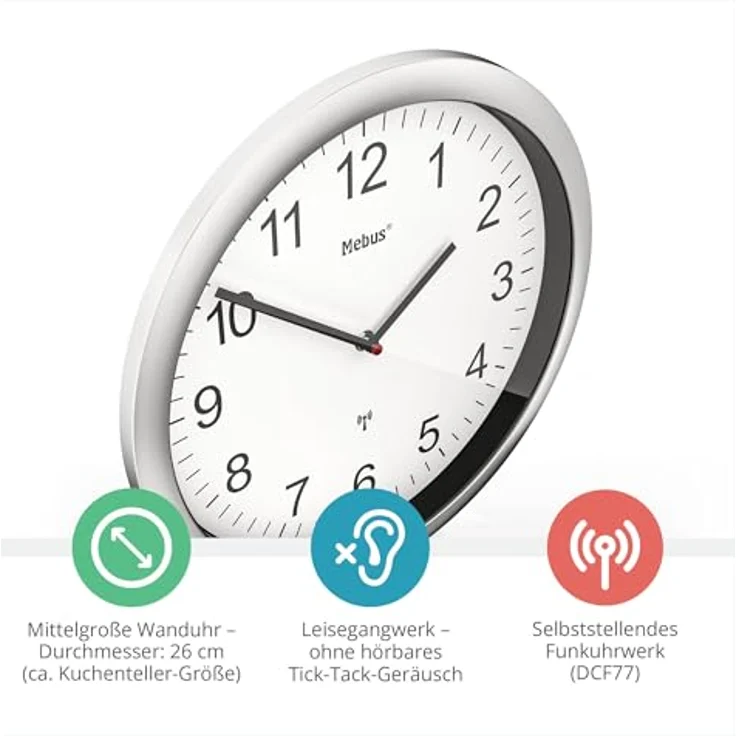 Mebus Wanduhr Funk Wanduhr (Schleichendes Uhrwerk, lautlos) - Silbernes Gehäuse, klassisches Design – Bild 2