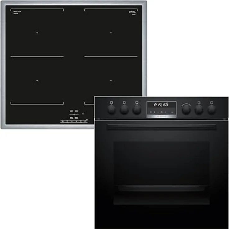 Bosch HND675LS62 Einbauherd-Set, HEG578BB4 Herd mit 3D Heißluft, Air Fry, pyrolytischer Selbstreinigung und NIF645CB5E Induktionskochfeld mit Bräterzone, Edelstahlrahmen