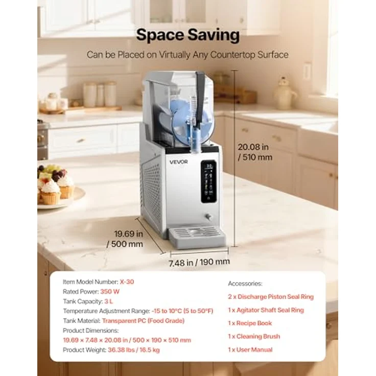 VEVOR Slush Maschine X-30, 3 L Eisbereiter mit Selbstreinigungsfunktion, 350 W für Frozen Margaritas und Shakes, transparentes Polycarbonat, weiße LED-Beleuchtung – Bild 7