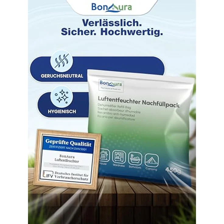 BonAura Luftentfeuchter-Nachfüllpack, Granulat im Vliesbeutel, 450g pro Stück, geruchsneutral, 2er-, 4er- oder 6er Set – Bild 4