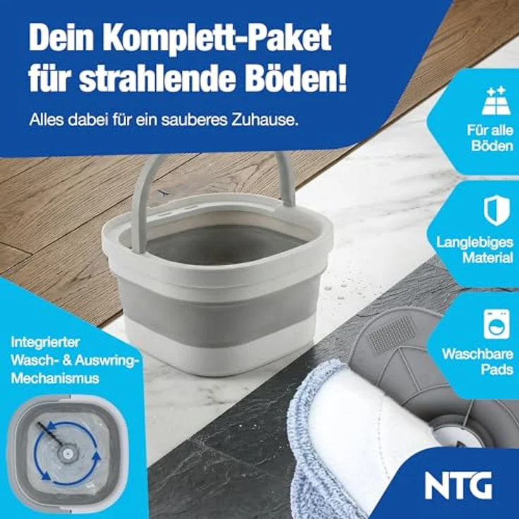 NTG Nutzfahrzeug Technik GmbH Wischmopp Set Roto-Mob mit Flex Eimer, 123 cm Teleskopstange & Mikrofaser-Pads, 2-Kammer-System für alle Bodenarten – Bild 6