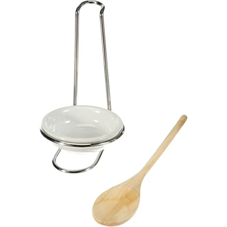 Küchenprofi Kochlöffelständer aus rostfreiem Edelstahl inkl. Porzellan-Schälchen und Holzlöffel, H: 16 cm, Ø 11 cm, Kochlöffelablage – Bild 3