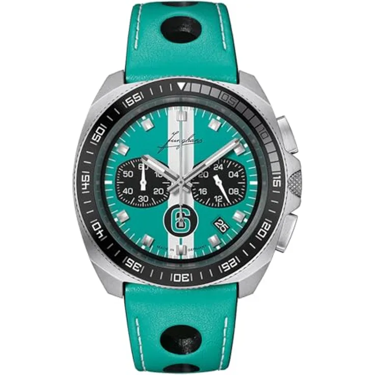 JUNGHANS 1972 Chronoscope Sports Edition 2026, Herrenuhr mit Chronograph, türkis, Edelstahlgehäuse, Lederarmband