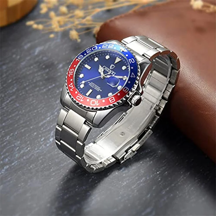 JewelryWe Herrenuhr Edelstahl Quarz Analog mit leuchtendem Zifferblatt, Kalenderfunktion und 3ATM wasserdicht, Silber Blau – Bild 2