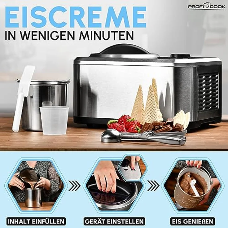 ProfiCook® Eismaschine und Joghurtbereiter | Eis in 20 min. | für bis zu 1500ml | Eismaschine mit Kompressor | für Eis & Frozen Joghurt | Inkl. Rezeptvorschläge, Spachtel und Messbecher | PC ICM 1268 – Bild 3