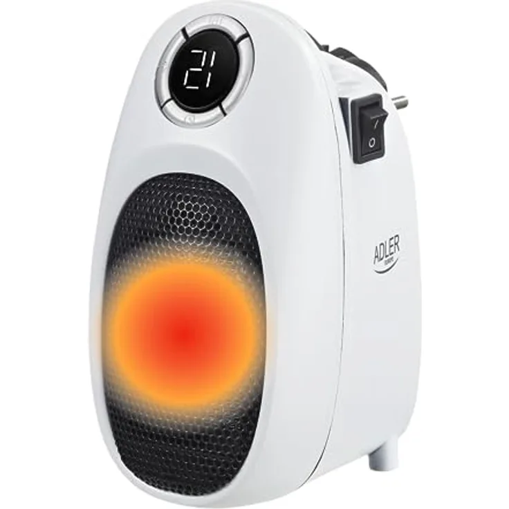 ADLER EUROPE Hochleistungsfähiger Heizlüfter Klein, Tragbare Mini Heizung für Räume bis zu 32m2, Digitale LED-Anzeige, Weiß
