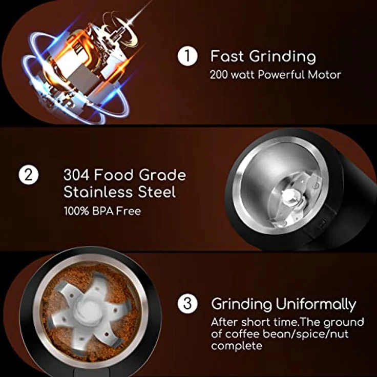 Aigostar Elektrische Kaffeemühle Mahlgrad Einstellbar BPA Frei Caffe Grinder Mixer Mühle Zerkleinerer für Kaffeebohne Leinsamen Nuss Gewürze Getreide 60g 200W – Bild 3