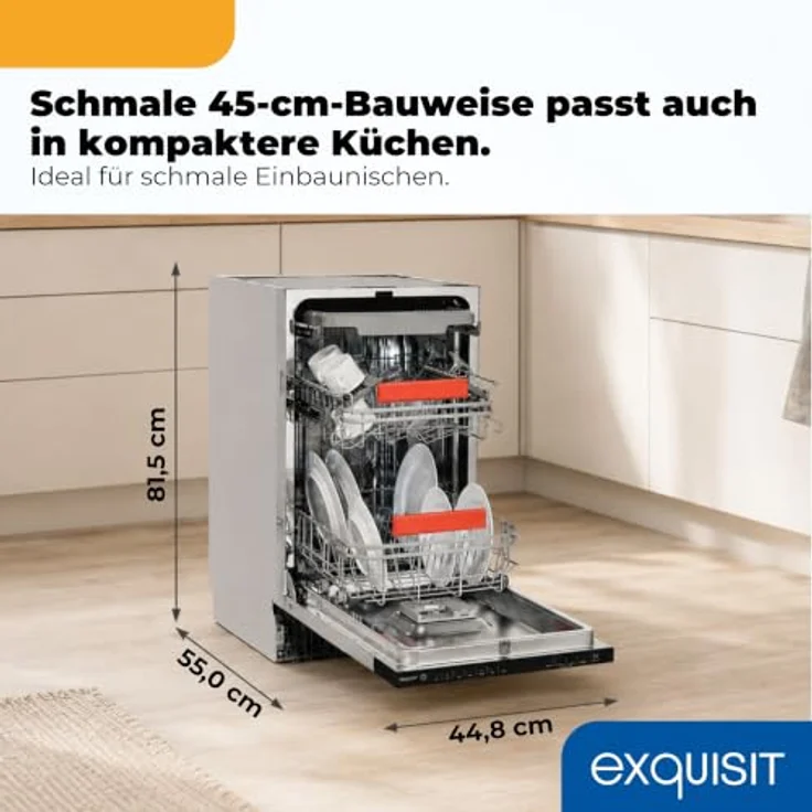 Exquisit GSP59311-E-450C, Vollintegrierbarer Geschirrspüler für 11 Maßgedecke, Energieklasse C, 8 Programme, Aquastop, Besteckschublade, Innenbeleuchtung, Schwarz – Bild 3