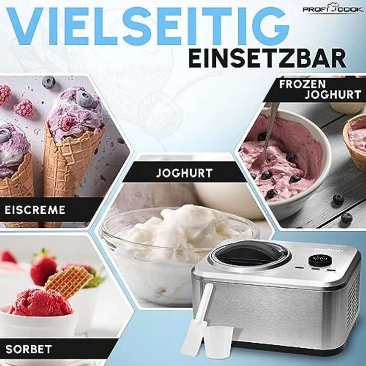 ProfiCook® Eismaschine und Joghurtbereiter | Eis in 20 min. | für bis zu 1500ml | Eismaschine mit Kompressor | für Eis & Frozen Joghurt | Inkl. Rezeptvorschläge, Spachtel und Messbecher | PC ICM 1268 – Bild 5